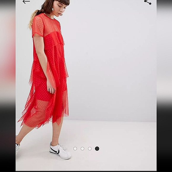 ASOS Dobby Mesh Midi Tshirt Dress withLayered Ruffles red color - Picture 5 of 8